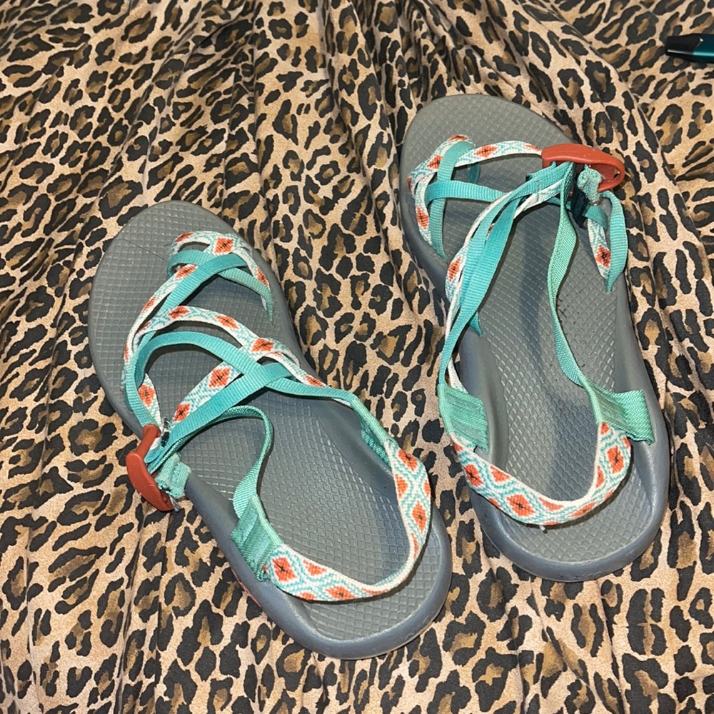 Blue, orange, and white womens chaco sandals